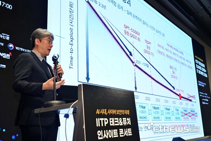 정보통신기획평가원과 전자신문이 주최한 'IT 메가비전 X IITP 테크&퓨처 인사이트 콘서트 2026'이 'AI시대, 사이버 보안의 미래 '를 주제로 16일 서울 용산구 서울드래곤시티 호텔에서 열렸다. 이상근 고려대 교수가 'AI강국의 조건, K-AI Security'를 주제로 기조강연을 하고 있다. 김민수기자 mskim@etnews.com
