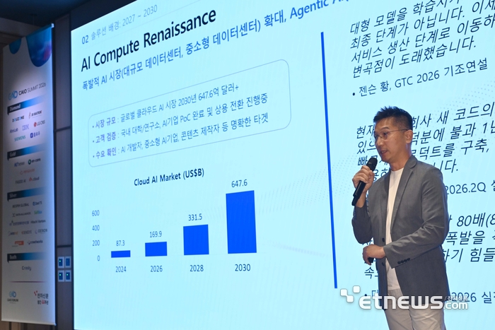 전자신문이 주최하는 CAIO 서밋 2026이 'AI-Native Enterprise : 에이전트, AI오케스트레이션, 그리고 기업 혁신의 재정의'를 주제로 18일 서울 강남구 웨스틴 서울 파르나스 호텔에서 열렸다. 정진환 데이터얼라이언스 부사장/CTO가 'gCube: AI 컴퓨트를 소유하지 않는다는 관점'을 주제로 발표하고 있다. 김민수기자 mskim@etnews.com