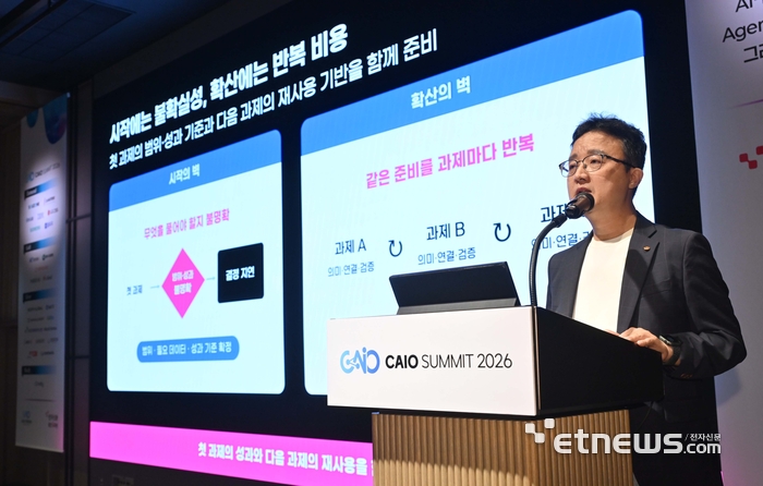 전자신문이 주최하는 CAIO 서밋 2026이 'AI-Native Enterprise : 에이전트, AI오케스트레이션, 그리고 기업 혁신의 재정의'를 주제로 18일 서울 강남구 웨스틴 서울 파르나스 호텔에서 열렸다. 김성식 엔코아 그룹장이 '복잡한 Legacy Data를 넘어, AI의 지속 활용과 확장을 가능하게 하는 AI Ready Data Strategy'를 주제로 발표하고 있다. 김민수기자 mskim@etnews.com