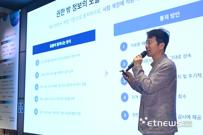 전자신문 주최 'CAIO 서밋 2026'이 'AI 네이티브 엔터프라이즈: 에이전트, AI오케스트레이션, 그리고 기업 혁신 재정의'를 주제로 18일 서울 삼성동 웨스틴 파르나스 호텔에서 열렸다. 최우선 파수AI 팀장이 'AI 에이전트 시대를 위한 AI 보안 플랫폼 구축 로드맵'을 주제로 발표하고 있다. 김민수기자 mskim@etnews.com