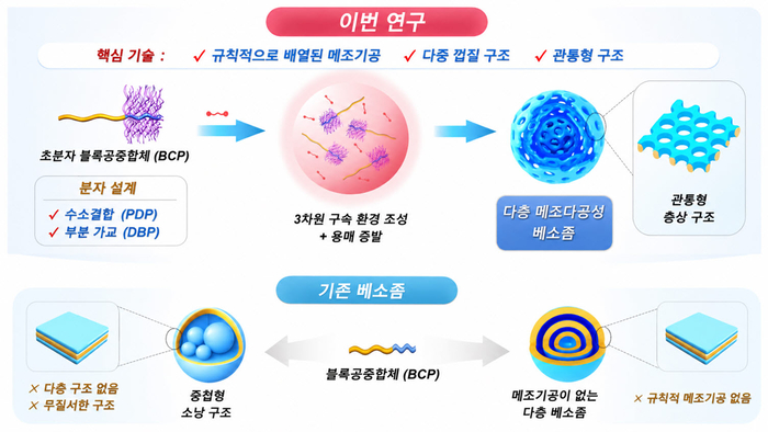 다층 메조다공성 베소좀의 형성 과정과 기존 베소좀과의 구조 비교.