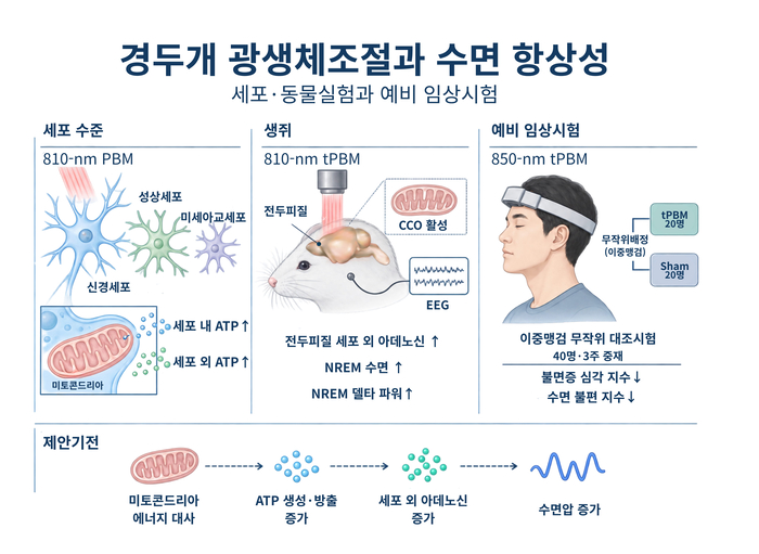 경두개 광생체조절(tPBM)의 수면 개선 효과와 제안 작동 원리.