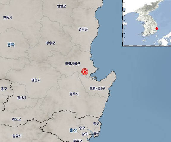 2018년 2월 11일 발생한 진도 4.6 포항 지진 위치. 2017년 11월 15일 포항 본진(규모5.4) 위치로부터 남서쪽 4.6km 지역이다. 자료 출처 : 기상청