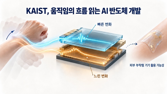 반응 속도가 다른 반도체 소자를 수직으로 쌓아 시간에 따른 변화를 읽는 원리 및 피부 부착형 기기 활용 가능성을 표현한 개념도. (AI 생성 이미지)