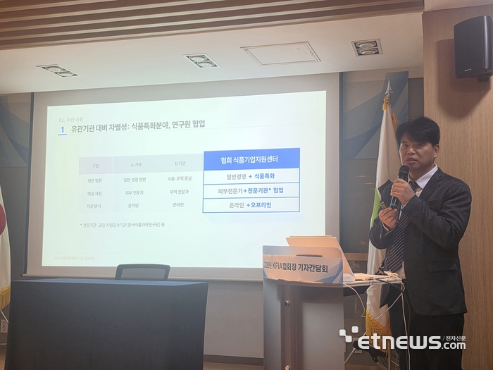 김좌린 한국식품산업협회 기업지원본부장이 협회가 10월부터 운영하는 '식품기업지원센터'를 소개하고 있다.