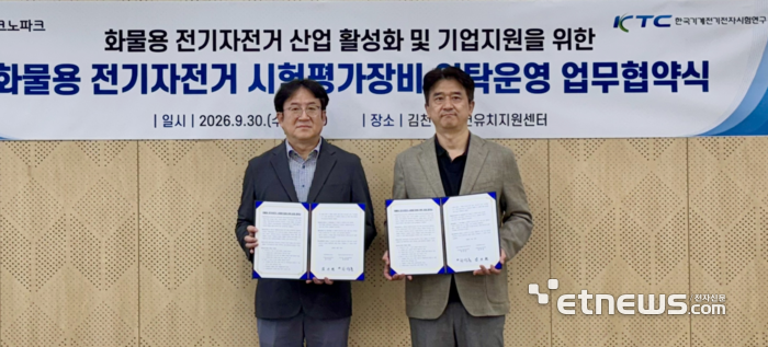(왼쪽부터) 김기현 경북TP 소재부품육성본부장과 차상훈 KTC 어린이제품사업센터장이 업무협약을 체결한뒤 기념촬영하고 있다.