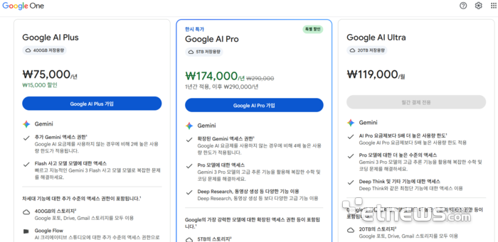 구글 '제미나이' 홈페이지 요금제 비교.