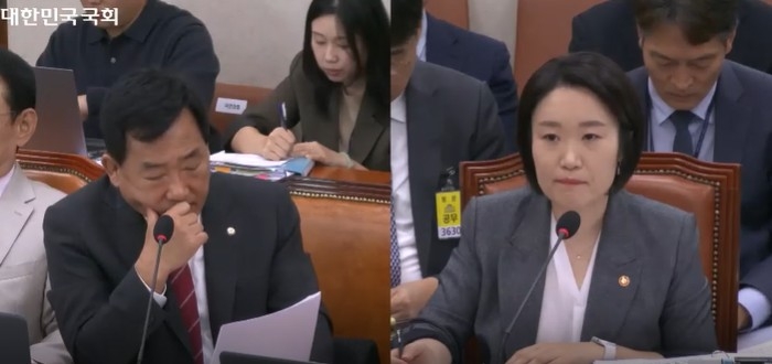 박성민 국민의힘 의원이 7일 국회 산업통상자원중소벤처기업위원회의 중기부 국정감사에서 이소영 장관에게 질의하고 있다. 국회의사중계시스템 화면 캡처 모습.
