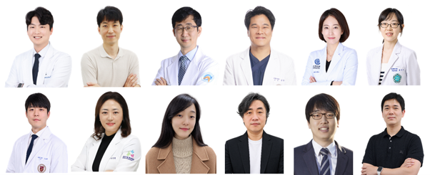 (왼쪽 상단부터) 김병수 티알 대표, 김홍준 티알 최고기술책임자(CTO), 나승원 울산대병원 호흡기알레르기내과 교수, 김병근 고려대 안암병원 호흡기알레르기내과 교수, 박혜정 강남세브란스병원 호흡기알레르기내과 교수, 심지수 이대목동병원 알레르기내과 교수, 김상혁 고려대 구로병원 호흡기알레르기내과 교수, 박종숙 검단탑병원 호흡기알레르기내과 과장, 권경하 한국과학기술원(KAIST) 전기및전자공학부 교수, 박건우·박상돈 대전대 컴퓨터공학과 교수, 이명모 대전대 물리치료학과 교수가 티알이 선정된 정부 연구개발 과제 2건에 참여한다.(제공=티알)