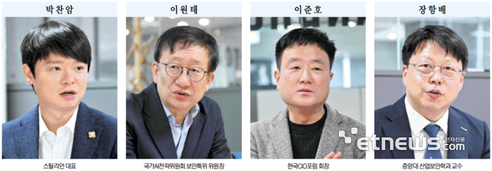 (왼쪽부터)박찬암 스틸리언 대표, 이원태 국가AI전략위원회 보안특위 위원장, 이준호 한국CIO포럼 회장, 장항배 중앙대 산업보안학과 교수.