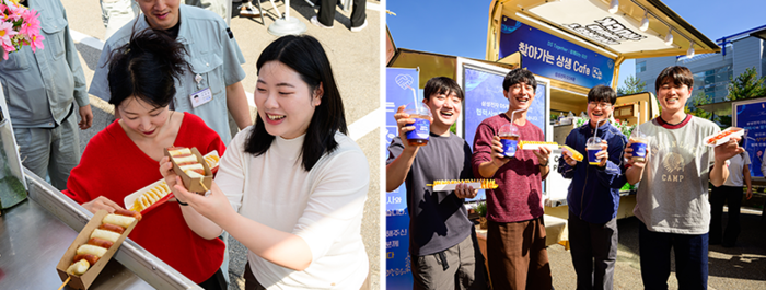 티엘비와 피에스케이 사업장에서 직원들이 커피와 간식을 즐기고 있다. (사진=삼성전자)