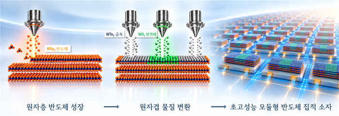 원자층 단위의 선택적 치환을 이용한 모듈형 2차원 트랜지스터 제작 개념도
