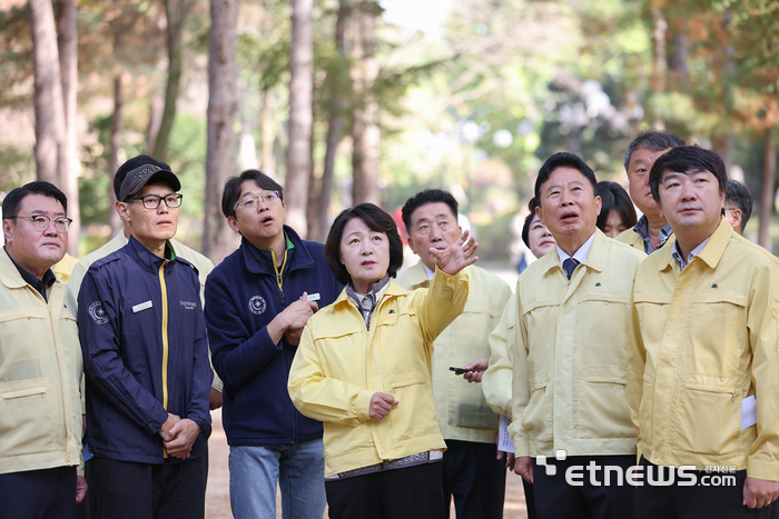 추미애 경기지사(왼쪽 네 번째)가 9일 가평 남이섬을 찾아 서태원 군수 등과 방제 대책을 논의했다. 경기도 제공.
