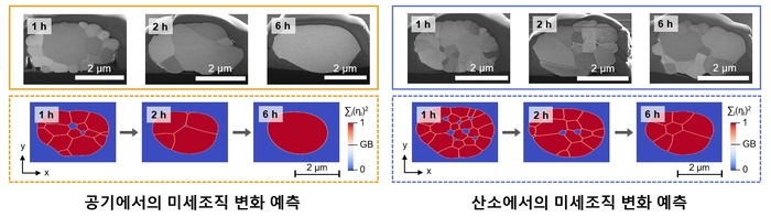 공기(주황)에서는 빠르게 단결정으로 합쳐지고 산소(파랑)에서는 성장이 억제되는 양극재 입자의 실험·시뮬레이션 비교 모식도