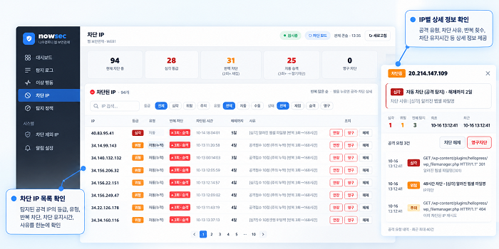 NOWSEC의 차단 IP 관리 화면. 사진=나우컴퍼니