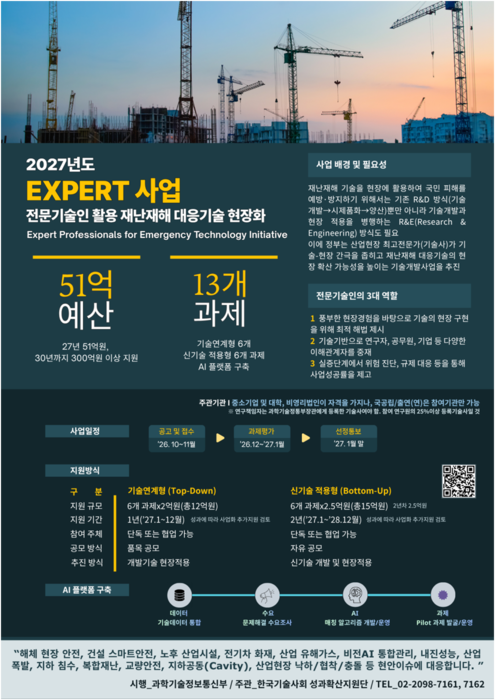 과학기술정보통신부가 전문기술인(기술사)의 현장경험과 기술 역량을 활용해 재난·재해 현장 문제를 해결하는 국가 연구개발(R&D) 사업 '전문기술인 활용 재난·재해 대응기술 현장화 지원(엑스퍼트)' 2027년도 신규 과제를 공모한다.(사진=과학기술정보통신부)