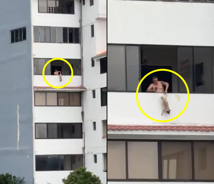 엘살바도르 전직 프로축구 선수인 로살레스 보니야가 아파트 창문 밖으로 반려견을 매다는 모습이 온라인에 확산했다. 사진=엘살바도르 국가민간경찰(PNC) 엑스 캡처
