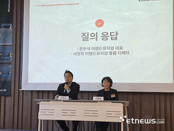 한우석 이랜드뮤지엄 대표(왼쪽)과 서영희 이랜드뮤지엄 총괄디렉터가 28일 서울 강서구 이랜드글로벌R&D센터에서 열린 기네스 세계기록 공식 인증식에서 기자들의 질문에 답하고 있다.