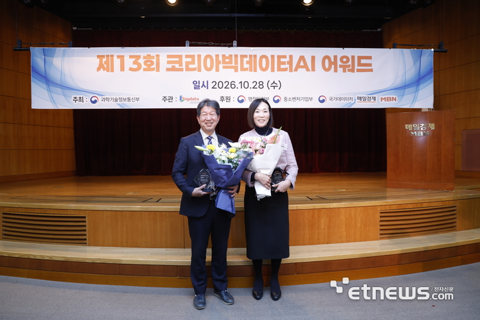 '제13회 코리아빅데이터AI어워드' 시상식에서 이해정 강원창조경제혁신센터 대표(왼쪽)와 박경하 원스글로벌 대표가 기념 촬영했다.