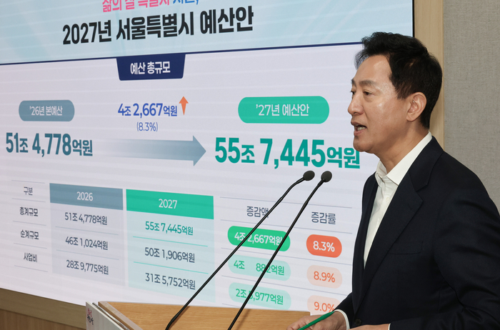 오세훈 서울시장이 29일 서울시청에서 2027년 서울시 예산안을 발표하고 있다. 연합뉴스