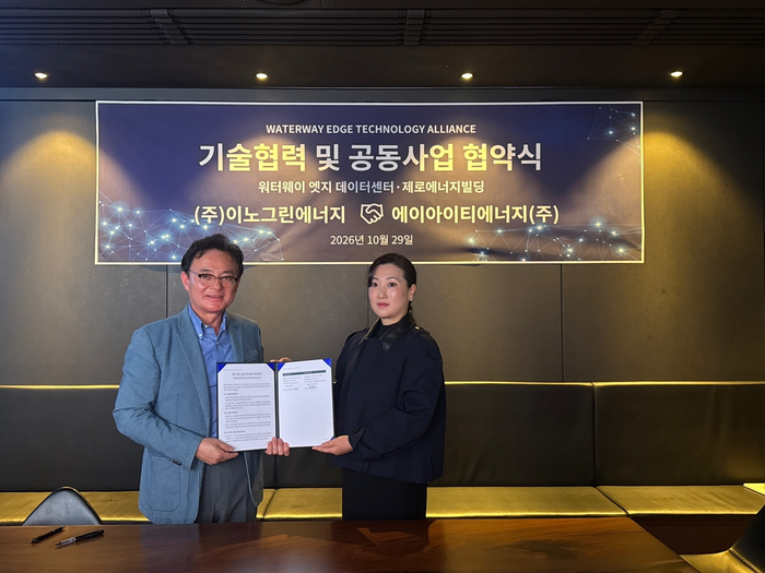 이영일 이노그린에너지 사장(왼쪽)과 장민지 AIT-E 대표이사(오른쪽)