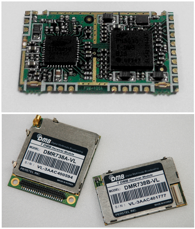 프리샛이 개발한 크기와 소비전력을 획기적으로 줄인 초소형 지상파 디지털멀티미디어방송(DMB) 모듈 ‘FSM-450A’. 30×18×3.3㎜.(위) 퍼스텔이 개발한 지상파 디지털멀티미디어방송(DMB) 모듈.