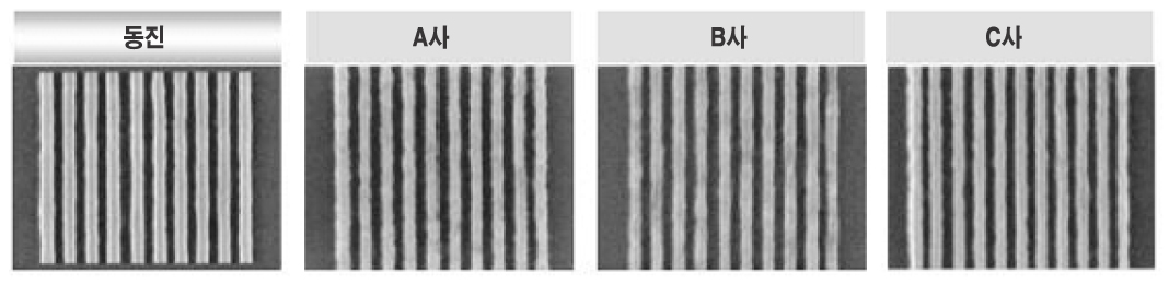 동진쎄미켐의 액침공정용 포토레지스트를 이용한 반도체 칩 패턴. 왼쪽 동진쎄미켐 패턴이 타사의 패턴보다 깨끗함을 볼 수 있다.
