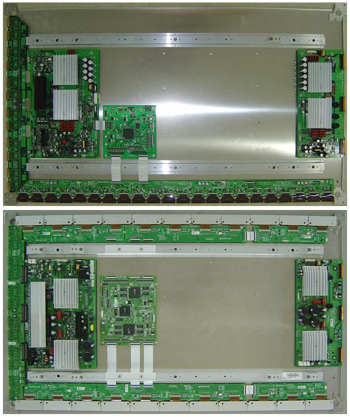 LG전자가 세계최초로 개발한 60인치 싱글스캔 PDP 모듈(위)과 기존의 듀얼스캔 PDP 모듈.싱글스캔 PDP 모듈은 상·하단부의 구동칩을 없앤게 특징이다.
