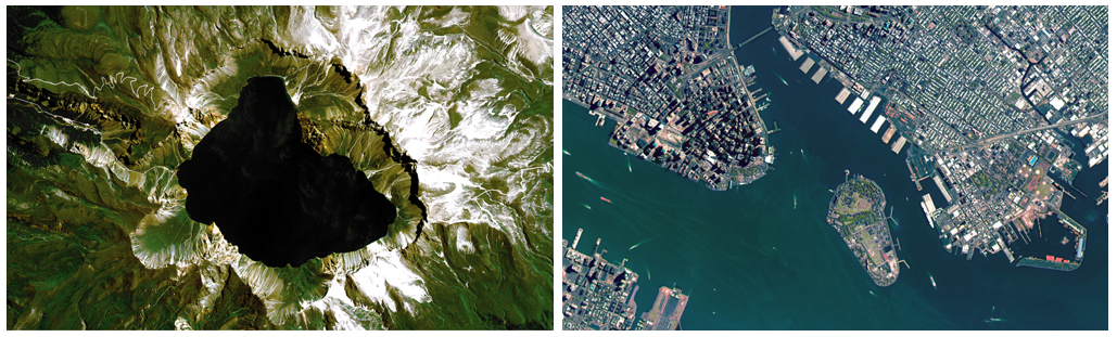 아리랑 2호로 찍은 사진들. 왼쪽부터 백두산 천지, 미국 뉴욕 부근.