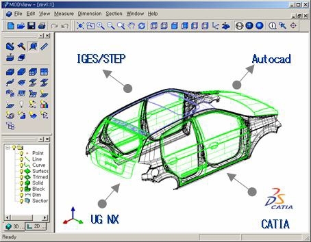 고가의 CATIA, 유니그래픽스 등의 프로그램을 10분의1 가격으로 줄일 수 있는 ‘MOD뷰’를 활용한 2D·3D CAD 데이터 활용 솔루션 화면.