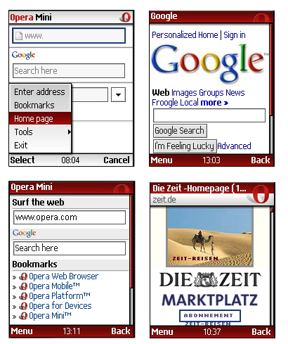 휴대폰용 웹브라우저인 ‘오페라미니’로 구글 등 유선사이트에 접속한 모습. 그러나 국내 휴대폰 사용자에게 오페라미니는 그림의 떡이다