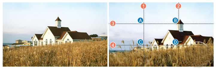  지평선으로 인해 상하 양분돼 있는 평이한 사진(왼쪽)과 삼등분법을 이용, 안정된 구도로 촬영한 사진.