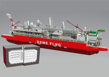 대우조선해양이 개발한 독립형 LNG 저장 화물창 `액티브(아래)`와 이를 탑재한 LNG-FPSO 개념도(위)