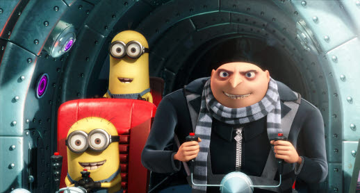 유니버설픽처스의 첫 3차원(D) 애니메이션 ‘데스피커블 미(Despicable Me)’가 지난 주말(9~11일) 북미지역 흥행수익(Box-office) 6010만달러를 기록하며 1위에 올랐다. 한 주 앞서 개봉한 ‘이클립스’ 열풍과 4주차인 ‘토이스토리3’를 앞질러 시선을 모았다. 스티브 카렐이 목소리 출연한 캐릭터 그루(오른쪽)와 두 미니언스(minions). <AP연합뉴스>