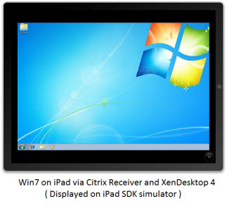 아이패드에서 시트릭스의 데스크톱 가상화 리시버로 가상의 윈도7 환경을 구현한 모습.
