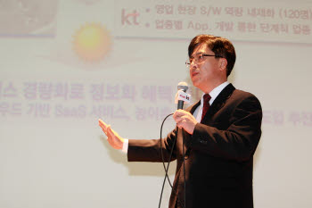 이상훈 KT 기업고객부문장(사장)이 2일 광화문 사옥 1층 올레스퀘어에서 열린 간담회에서 올해 기업고객부문 성과와 2011년 사업추진계획에 대해 발표하고 있다.