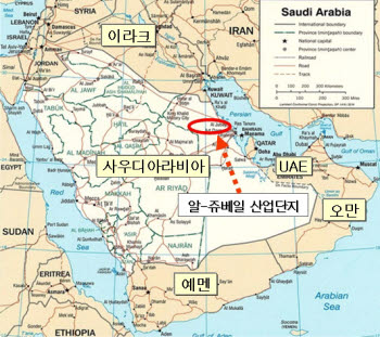 GS건설은 IPC가 발주한 약 4400억원 규모의 EVA(에틸렌 비닐 아세테이트) 생산시설 건설공사를 수주했다. 사진은 GS건설의 프로젝트가 수행되는 알-쥬베일 산업단지의 위치.