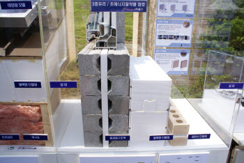 2중 중공층 벽돌이 적층된 모습. 