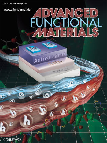 신소재 공학 분야의 세계적 학술지 `어드밴스드 펑셔널 머티어리얼스(Advanced Functional Materials` 5월호에 `전자-정공 양극성 고분자 반도체 물질 개발` 논문이 표지논문으로 실렸다. 사진은 이 학술지의 표지.