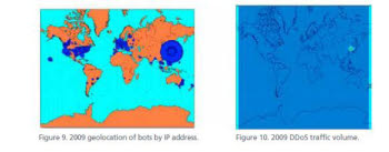 2009년 발생한 IP어드레스에 의한 봇 분포도. 지도상 한국 등 주변국들이 집중적으로 봇이 발생한 것을 확인할 수 있다 