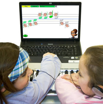 더존E&H는 세계적인 음악 및 피아노 교육 프로그램인 `뮤직큐`를 국내에 출시했다. 어린이들이 노트북PC에 연결한 미니 디지털 키보드와 뮤직큐 프로그램으로 피아노를 배우고 있다.