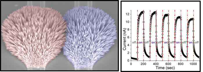 합성된 나노 물질을 통해 제작된 기능성 전자 소자. 오른쪽은 UV(자외선) 여부에 따라 소자에 전류가 통하는지의 여부를 판단하는 그래프 모양이 나타나 있다.