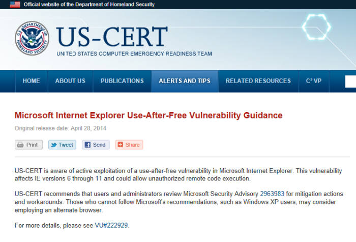 29일 미국 국토안보부 컴퓨터비상대책팀(CERT)가 인터넷 익스플로러 사용을 자제해달라는 권고문을 발표했다. <자료:CERT 홈페이지>