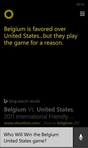 MS 윈도폰 음성비서 코타나가 예상한 벨기에와 미국 경기의 결과 예상 화면 (자료: 긱와이어)