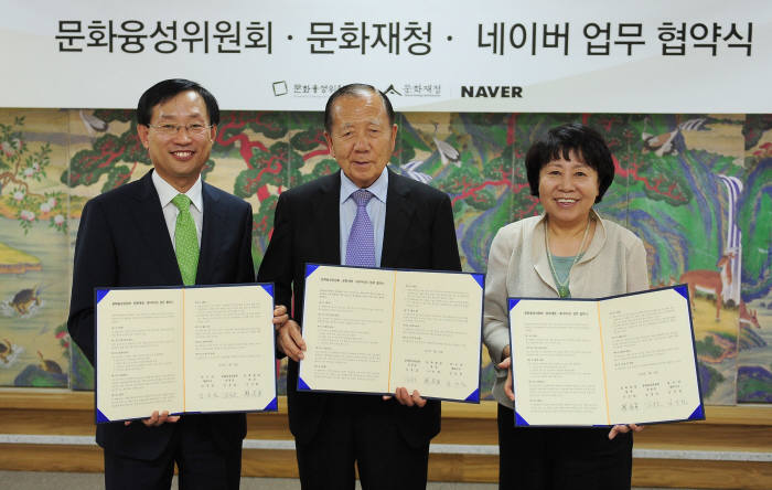 김동호 문화융성위원회 위원장(가운데)과 나선화 문화재청장(오른쪽), 김상헌 네이버 대표이사가 협약식 후 기념촬영했다.