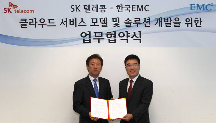 원성식 SK텔레콤 솔루션사업본부장(왼쪽)과 정교중 한국EMC 부사장이 협약서를 교환하고 있다.