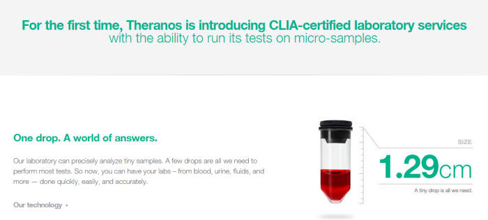 피 한 방울로 1000여가지 혈액 검사가 가능한 테라노스.<사진:홈페이지>