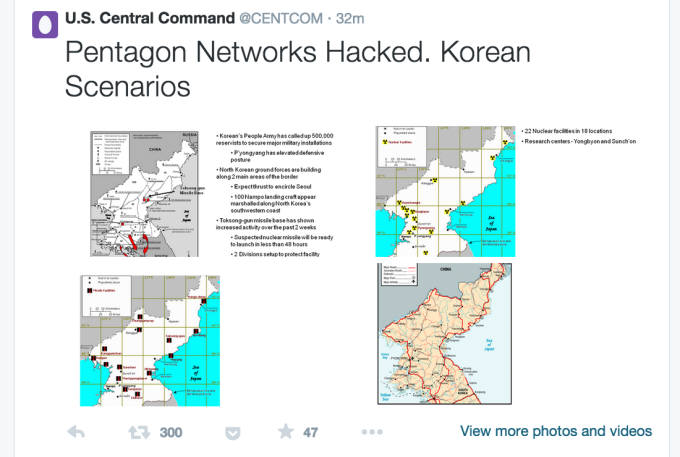 이슬람 원리주의 세력 ‘이슬람국가(IS)’라고 자칭하는 해커가 미국 국방부 네트워크를 해킹해 빼낸 자료라며 미 중부사령부 공식 트위터에 다량의 문건을 공개했다. 문건에는 북한과 중국 내 병력 배치에 대한 정보 등과 `전쟁 시나리오`로 보이는 자료가 포함됐다.