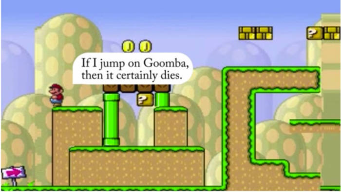 독일 튀빙겐 대학의 인식 모형 연구팀이 닌텐도 마리오 게임에 인공지능(AI) 시스템을 접목시켜 주인공 슈퍼마리오가 스스로 환경을 인식하고 감정을 느끼며 음성 명령에 응답하게 만들었다. 사진 속 마리오가 "점프로 구움바를 없앨 수 있을거야!"라고 말하고 있다.