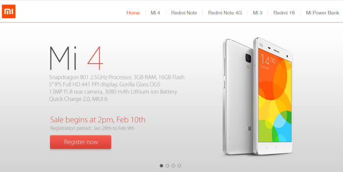 샤오미가 인도 홈페이지에서 Mi4 론칭을 앞두고 온라인 한정 판매를 공지한 화면
